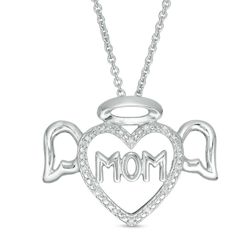 Diamond Accent "MOM" Angel Heart Pendant in Sterling Silver