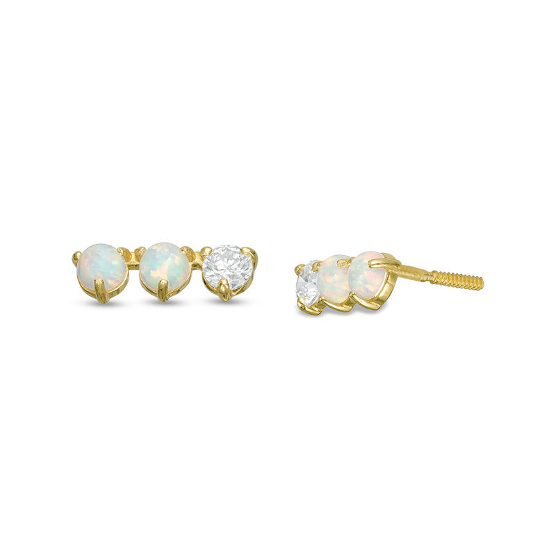 Child's 3mm Simulated Opal and Cubic Zirconia Three Stone Stud Earrings in 14K Gold