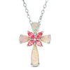 Thumbnail Image 0 of Pear-Shaped Simulated Pink Opal and Marquise Lab-Created Pink Sapphire Floral Cross Pendant in Sterling Silver