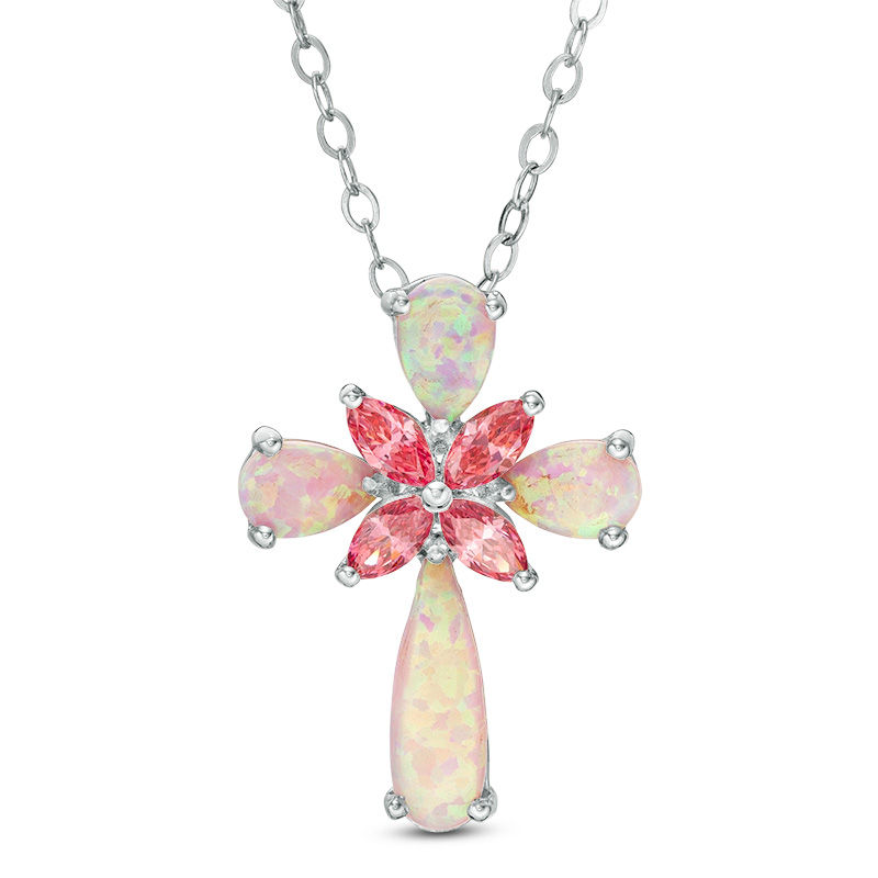 Pear-Shaped Simulated Pink Opal and Marquise Lab-Created Pink Sapphire Floral Cross Pendant in Sterling Silver