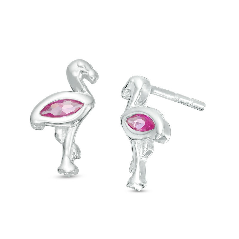 Child's Marquise Simulated Ruby Flamingo Stud Earrings in Sterling Silver