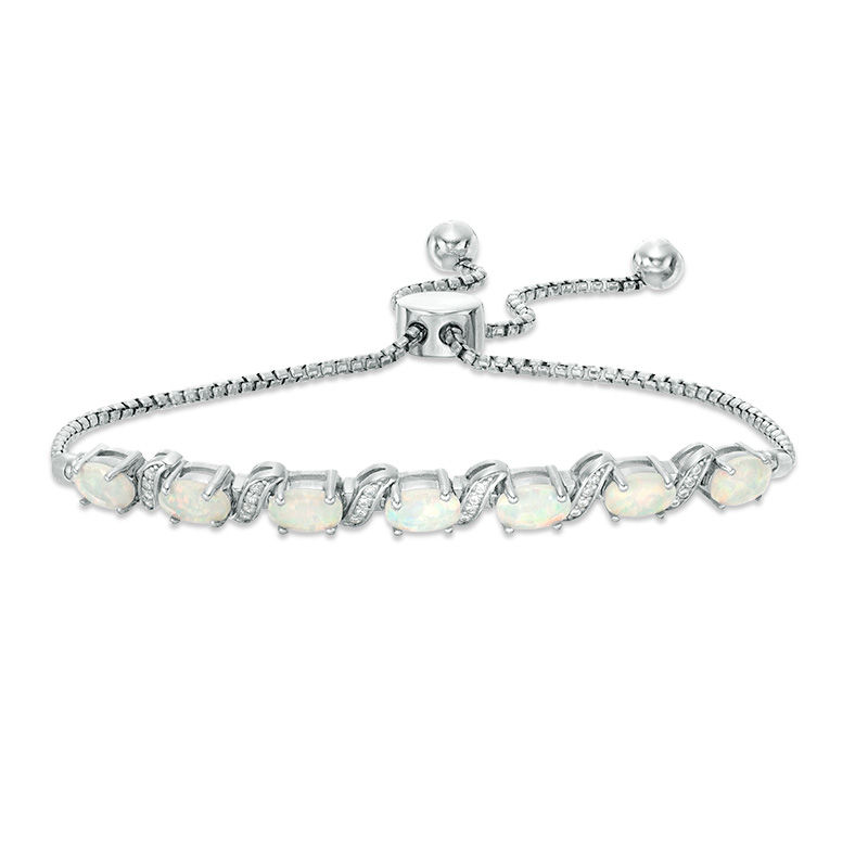 Oval Lab-Created Opal and Cubic Zirconia Cascade Bolo Bracelet in Sterling Silver - 10"