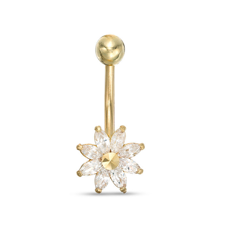 014 Gauge Marquise Cubic Zirconia Flower Belly Button Ring in 10K Gold