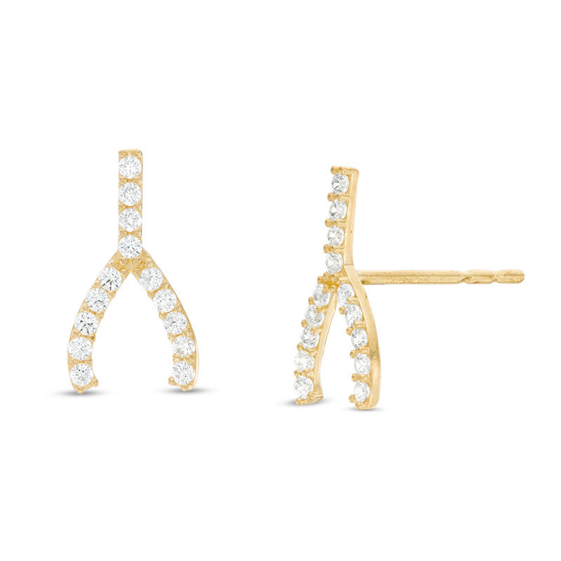 Cubic Zirconia Wishbone Stud Earrings in 10K Gold