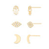 Thumbnail Image 0 of Cubic Zirconia Evil Eye, Hamsa and Crescent Moon Stud Earrings Set in 10K Gold