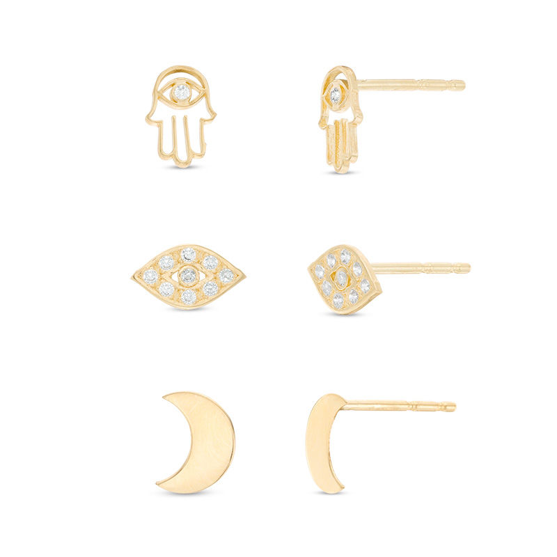 Cubic Zirconia Evil Eye, Hamsa and Crescent Moon Stud Earrings Set in 10K Gold
