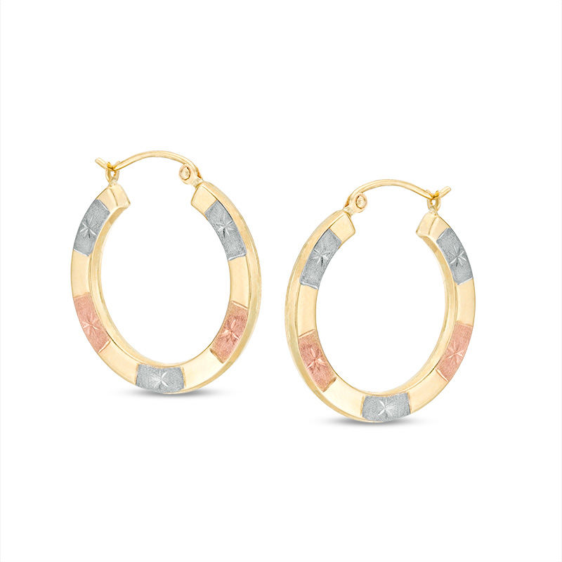 Diamond-Cut Stripe Hoop Earrings in 10K Stamp Hollow Tri-Tone Gold