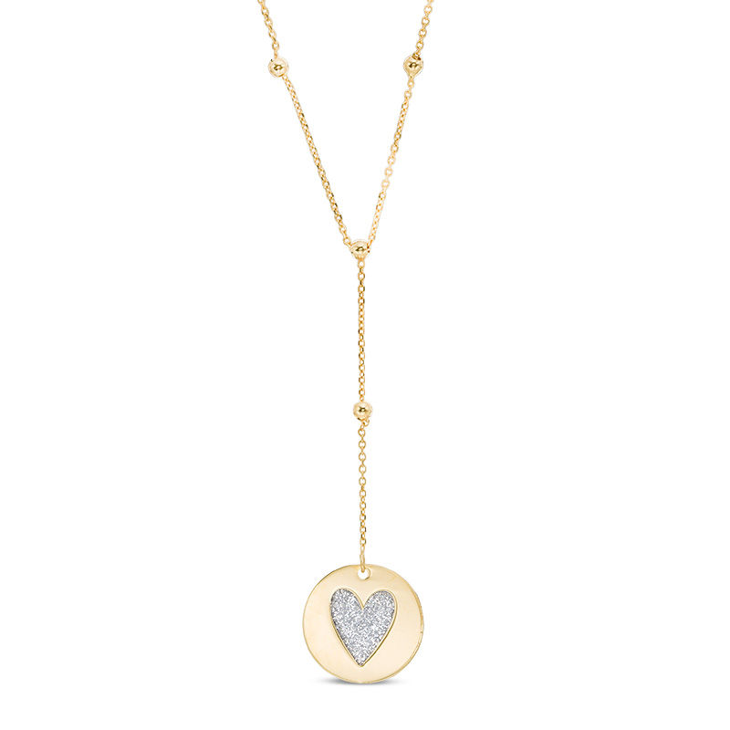 Glitter Enamel Heart Disc Bead Station Lariat Necklace in 10K Gold