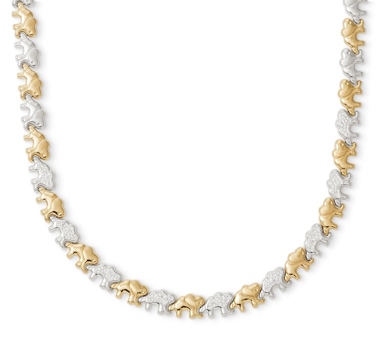 Alternating Crystal Elephant Stampato Necklace in 10K Gold Bonded Sterling Silver - 17"