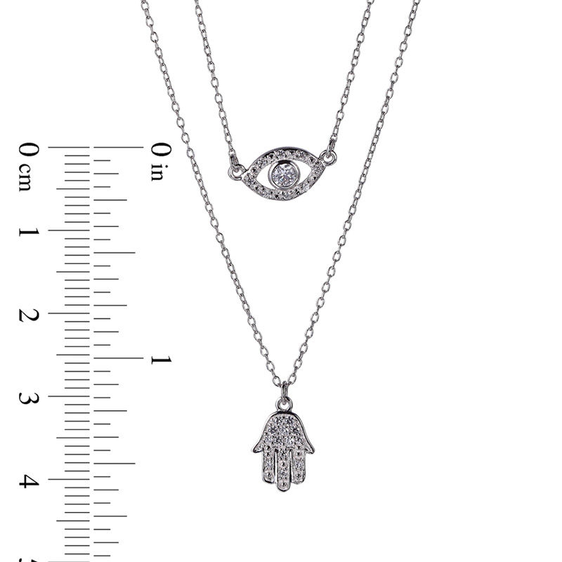 Cubic Zirconia Evil Eye and Hamsa Double Strand Necklace in Solid Sterling Silver