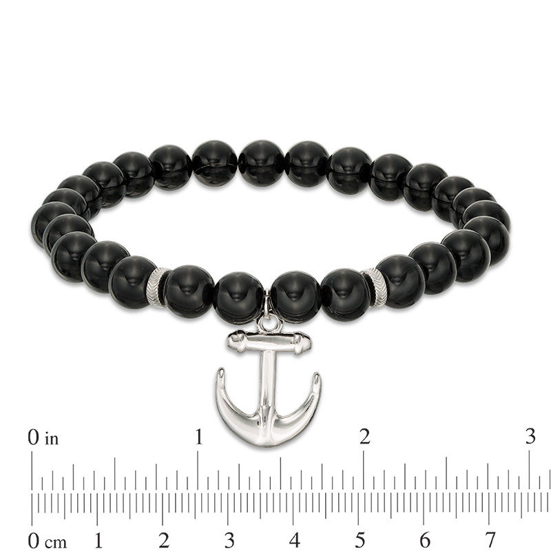 8mm Simulated Onyx Bead and Anchor Charm Stretch Bracelet in Sterling Silver - 7.5"