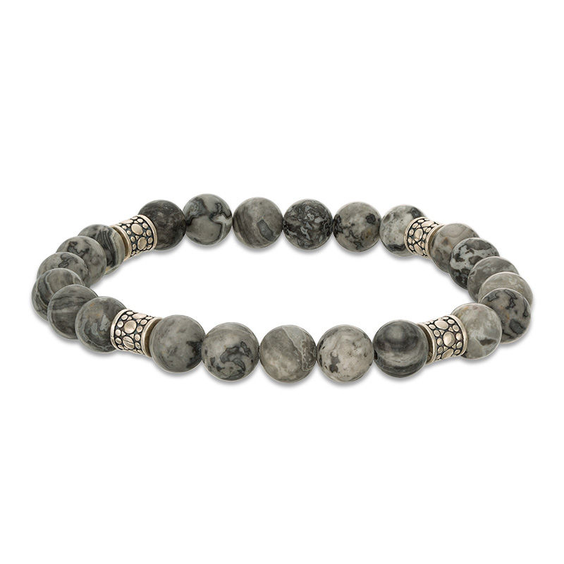 8.2mm Simulated Grey Jasper and Ornate Bead Station Stretch Bracelet in Sterling Silver - 7.5"