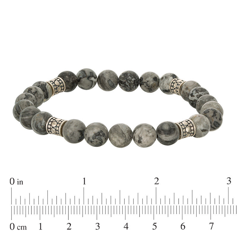 8.2mm Simulated Grey Jasper and Ornate Bead Station Stretch Bracelet in Sterling Silver - 7.5"