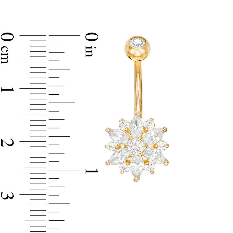 014 Gauge Marquise and Round Cubic Zirconia with Crystal Flower Belly Button Ring in Stainless Steel with Yellow IP