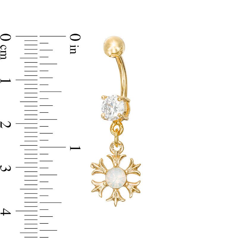 014 Gauge 8mm Cubic Zirconia and Simulated Opal Flower Dangle Belly Button Ring in Stainless Steel with Yellow IP