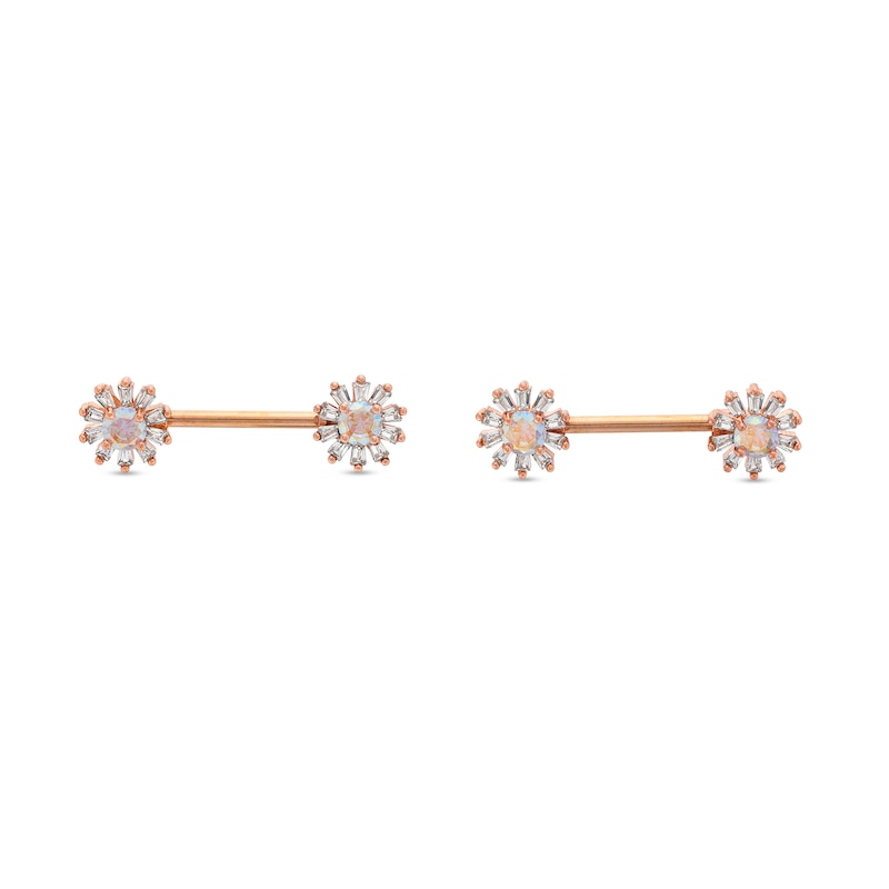Rose Ion Plated Baguette and Round CZ Flower Industrial Barbell Set - 14G