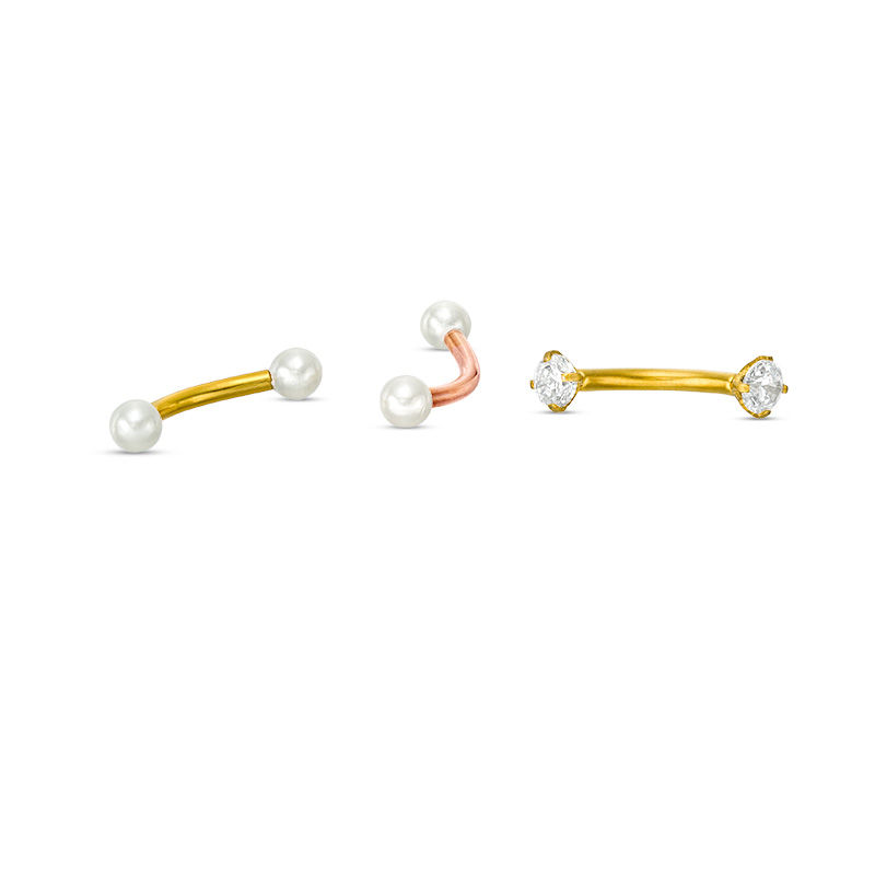 016 Gauge 3mm Simulated Pearl and Cubic Zirconia Cartilage Barbell Set in Stainless Steel with Yellow and Rose IP