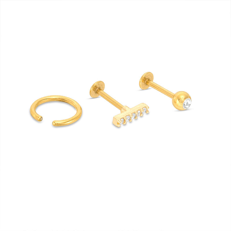 016 Gauge Cubic Zirconia and Crystal Cartilage Barbell and Hoop Set in Stainless Steel with Yellow IP
