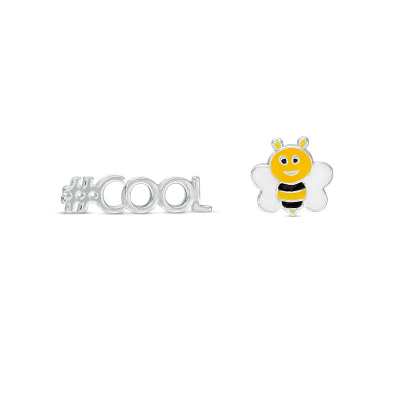 Child's Enamel Bumble Bee and Hashtag "COOL" Mismatch Stud Earrings in Sterling Silver