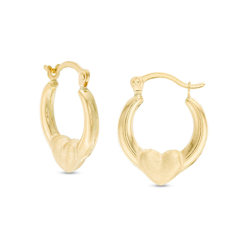 Multi-Finish Tube Hoop with Puff Heart Earrings in 14K Gold