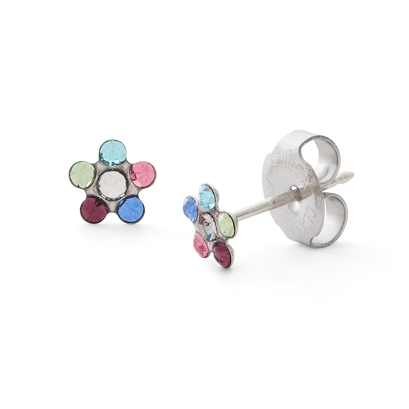 Multi-Color Crystal Daisy Stud Piercing Earrings in 14K Solid White Gold