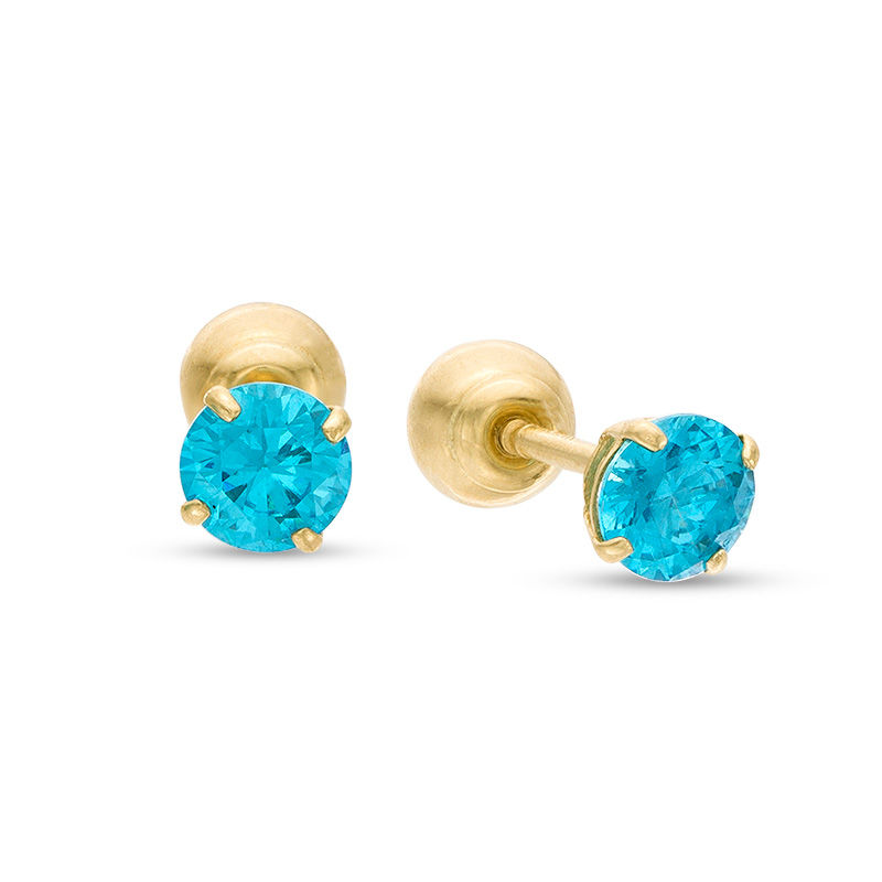 Child's Reversible 4mm Blue Cubic Zirconia and Polished Ball Stud Earrings in 14K Gold