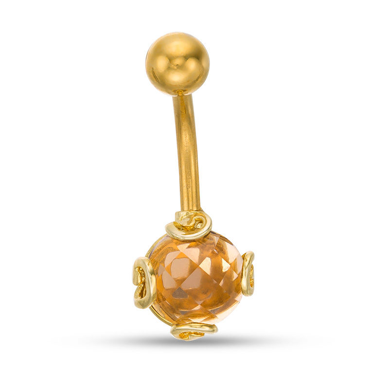 014 Gauge Yellow Glass Ball with Swirl Accent Belly Button Ring in Stainless Steel with Yellow IP