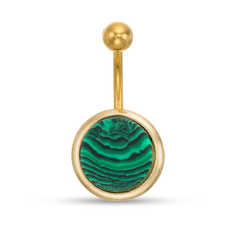 014 Gauge Simulated Malachite Belly Button Ring in Stainless Steel with Yellow IP