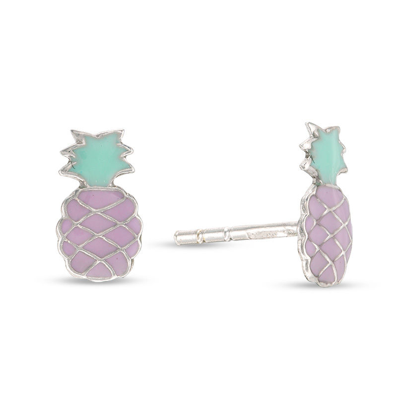 Child's Light Purple and Blue Enamel Pineapple Stud Earrings in Sterling Silver