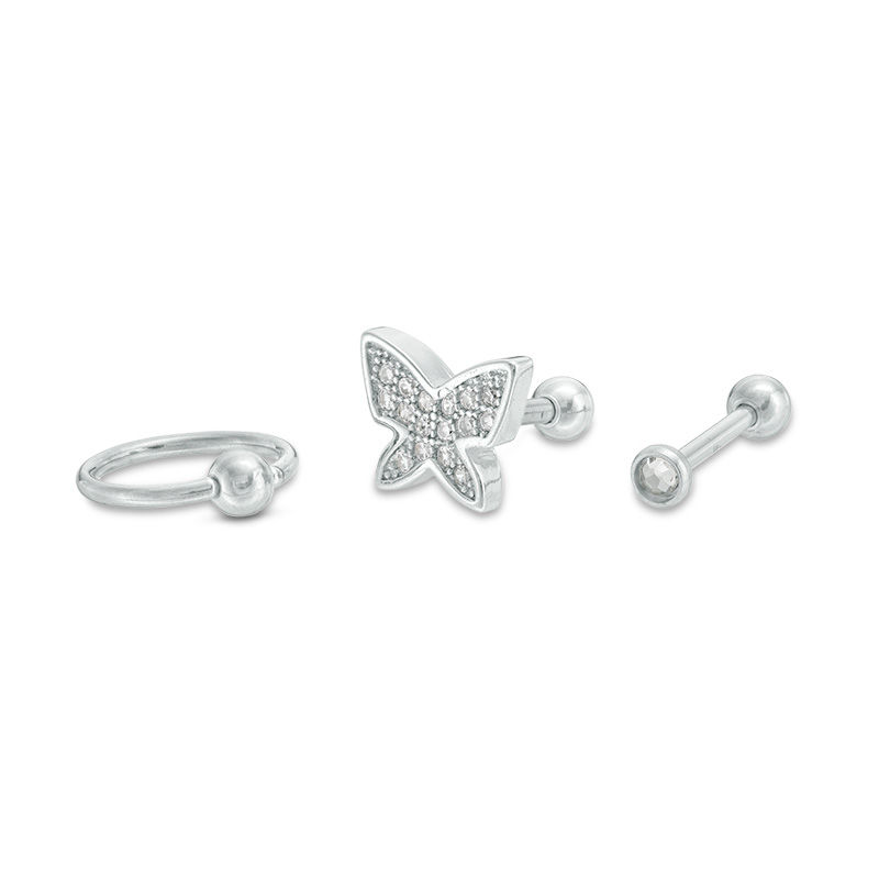 018 Gauge Cubic Zirconia and Crystal Accent Butterfly Cartilage Stud and Hoop Set in Stainless Steel and Brass