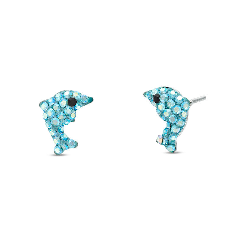 Child's Blue Crystal Dolphin Stud Earrings in Sterling Silver