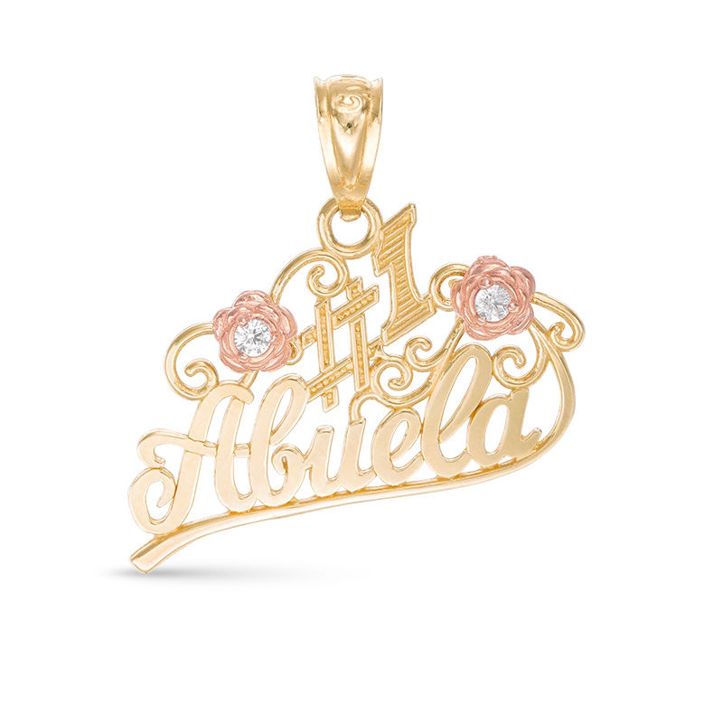 Cubic Zirconia Diamond-Cut Double Rose and Filigree "#1 Abuela" Necklace Charm in 10K Two-Tone Gold
