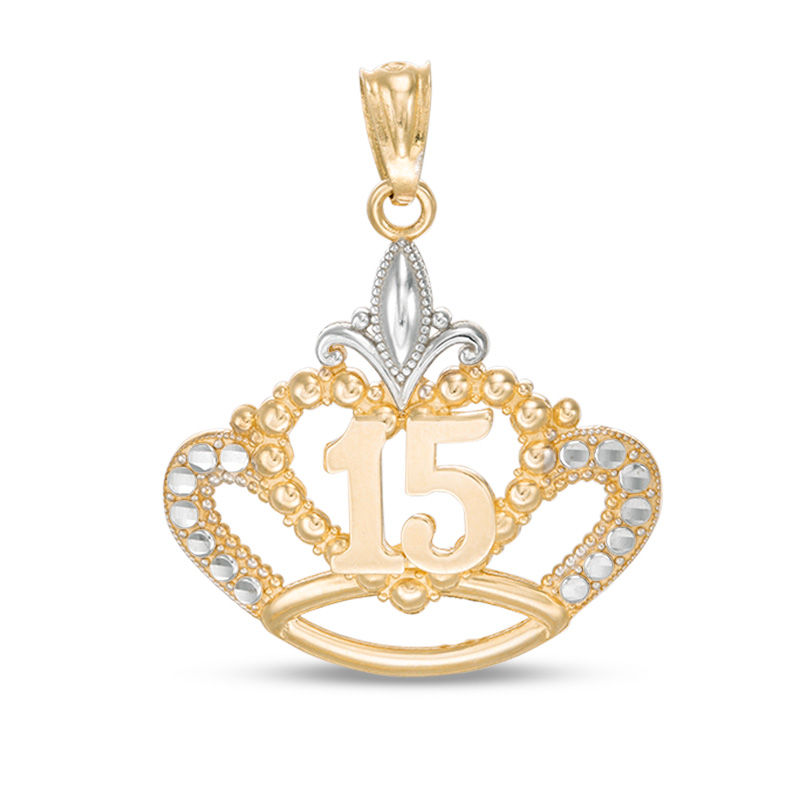 Diamond-Cut Beaded Quinceañera Crown Necklace Charm in 10K Two-Tone Gold