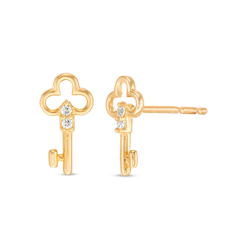 Cubic Zirconia Clover-Top Key Stud Earrings in 10K Gold
