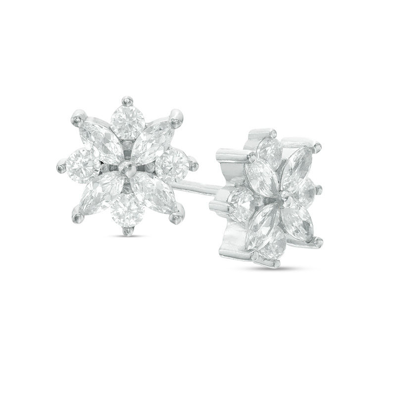 Marquise and Round Cubic Zirconia Flower Stud Earrings in Sterling Silver