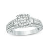 Thumbnail Image 0 of 1/3 CT. T.W. Quad Diamond Double Cushion Frame Collar Triple Row Engagement Ring in Sterling Silver
