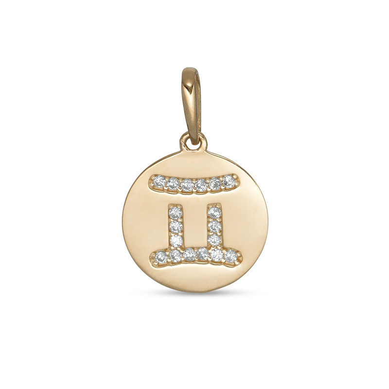 Cubic Zirconia Gemini Zodiac Sign Disc Necklace Charm in 10K Gold