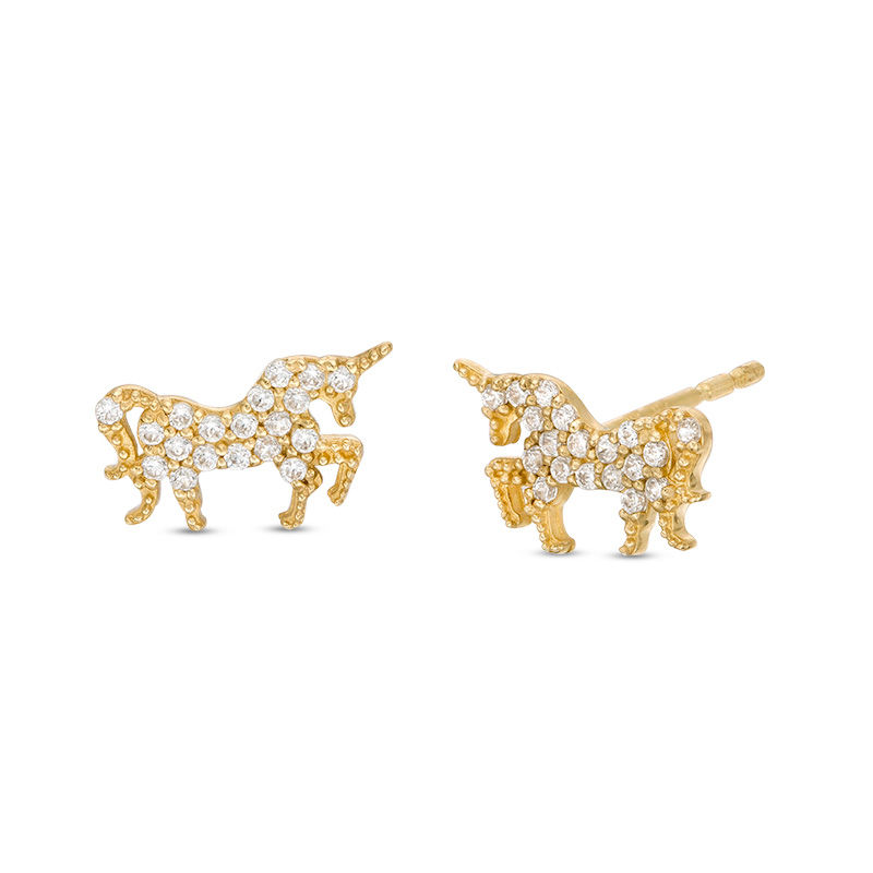 Cubic Zirconia Unicorn Stud Earrings in 10K Gold