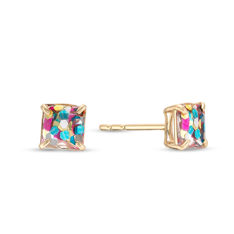 Multi-Color Glitter Square Stud Earrings in 10K Gold