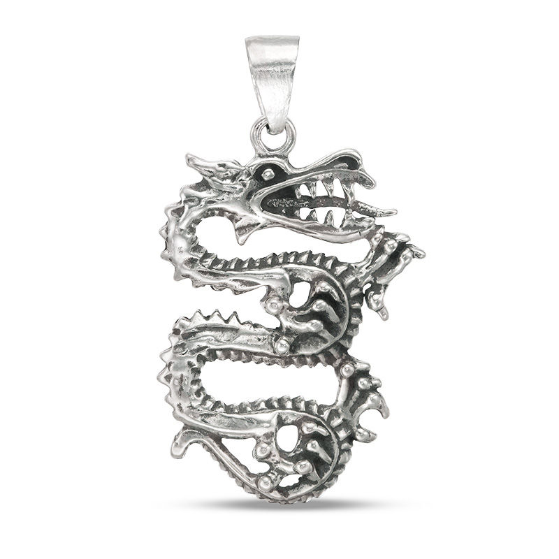 Antique-Finish Dragon Necklace Charm in Sterling Silver