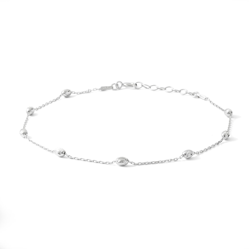 Solid Sterling Silver Diamond-Cut Bead Station Anklet Made in Italy