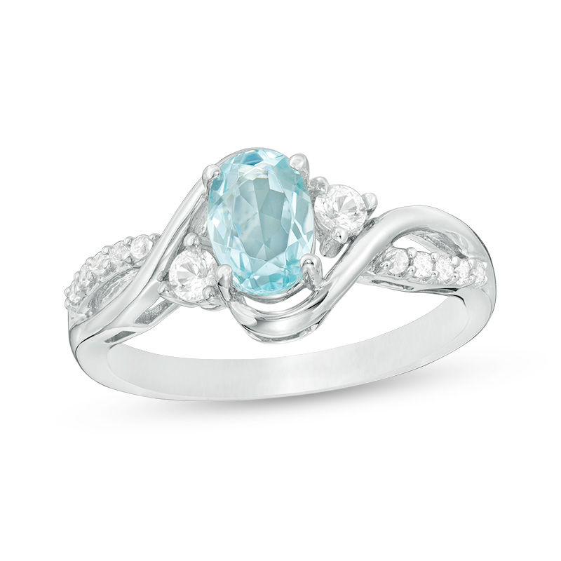 Oval Lab-Created Blue Quartz and White Sapphire Three Stone Bypass Frame Ring in Sterling Silver - Size 7