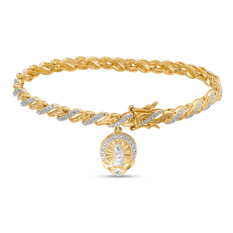 Diamond Accent Beaded Saint Christopher Charm Twisted Link Bracelet in Sterling Silver with 18K Gold Plate - 7.25"