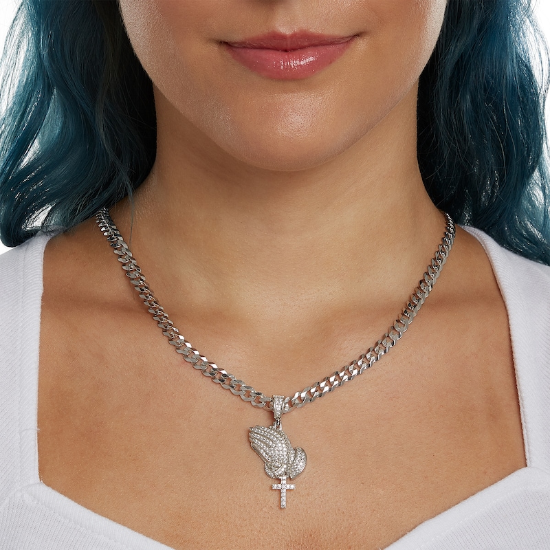 Cubic Zirconia Praying Hands with Rosary Necklace Charm in Sterling Silver