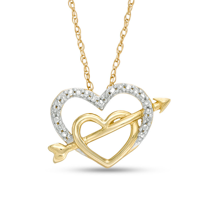 10K Gold Heart Necklace 3 Diamond Point Arrows
