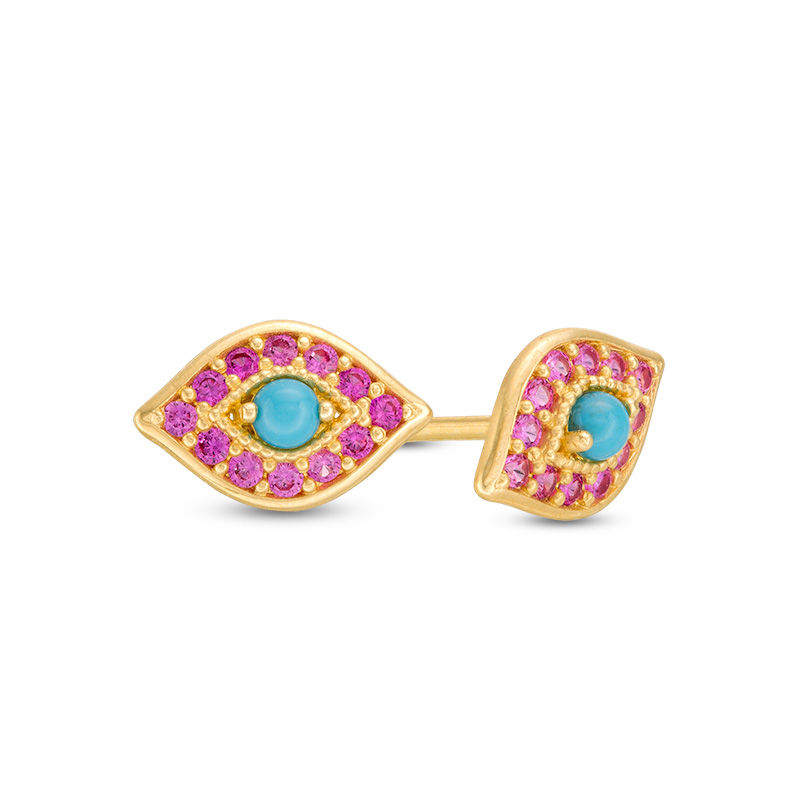 Simulated Turquoise and Red Cubic Zirconia Evil Eye Stud Earrings in 10K Gold