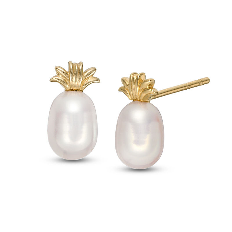 5 - 7mm Baroque Cultured Freshwater Pearl Pineapple Stud Earrings in 14K Gold