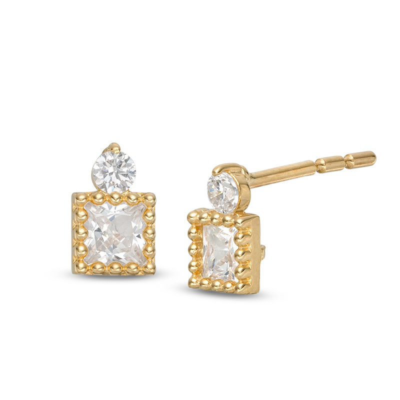 Princess-Cut and Round Cubic Zirconia Bead Frame Stud Earrings in 10K Gold