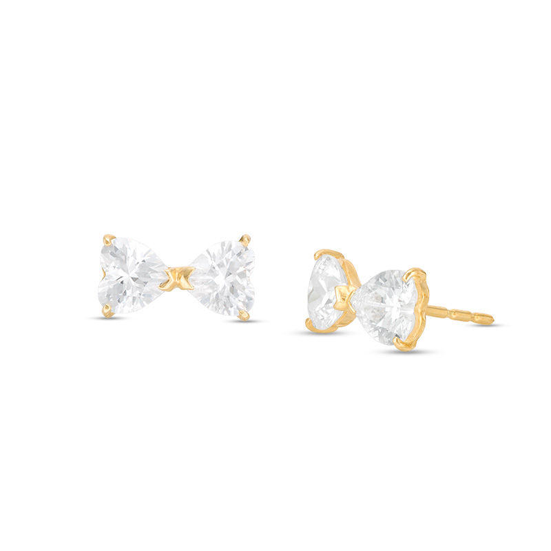 Heart-Shaped Cubic Zirconia Bow Stud Earrings in 14K Gold