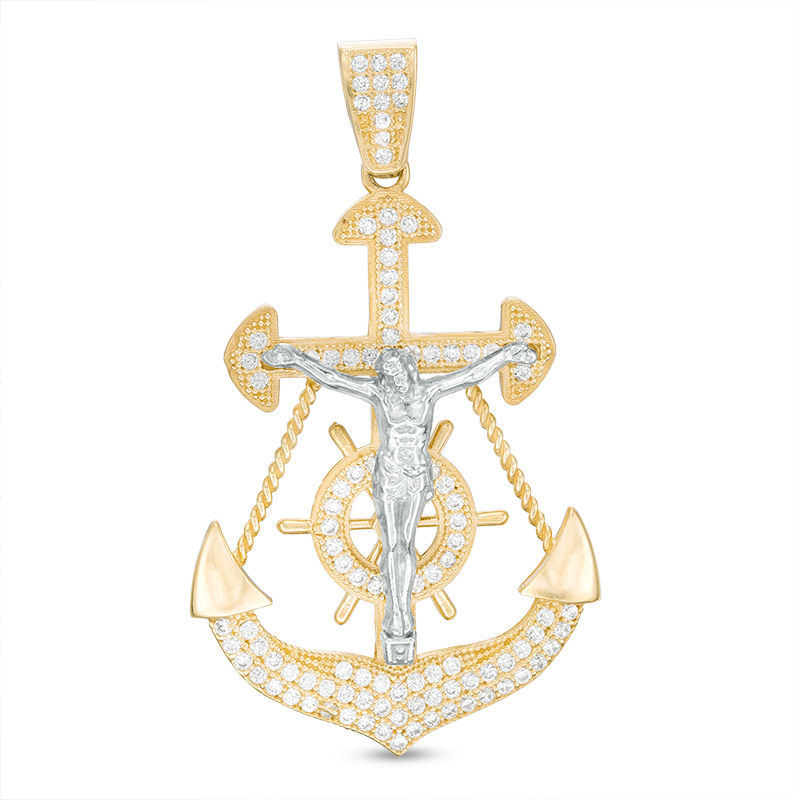 Cubic Zirconia Crucifix Anchor Necklace Charm in 10K Two-Tone Gold